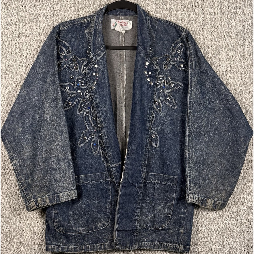 Vintage 90s Acid Wash Denim Duster Jacket Studded Embellished Western‎ S